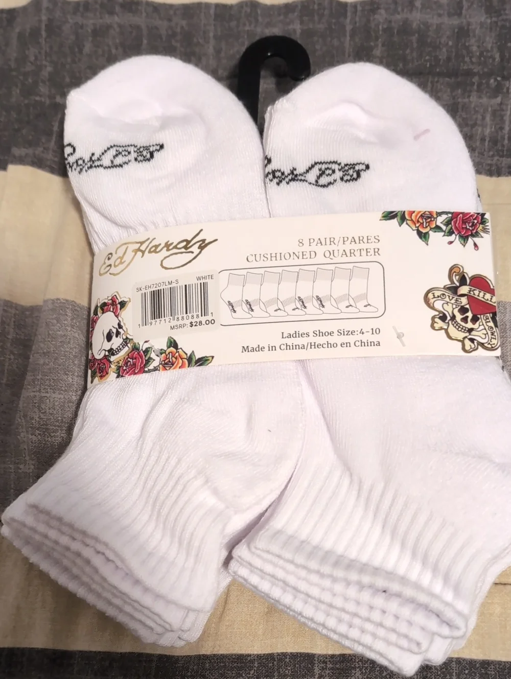 Ed Hardy Women's Cushioned Quarter Socks - 8 Pack New